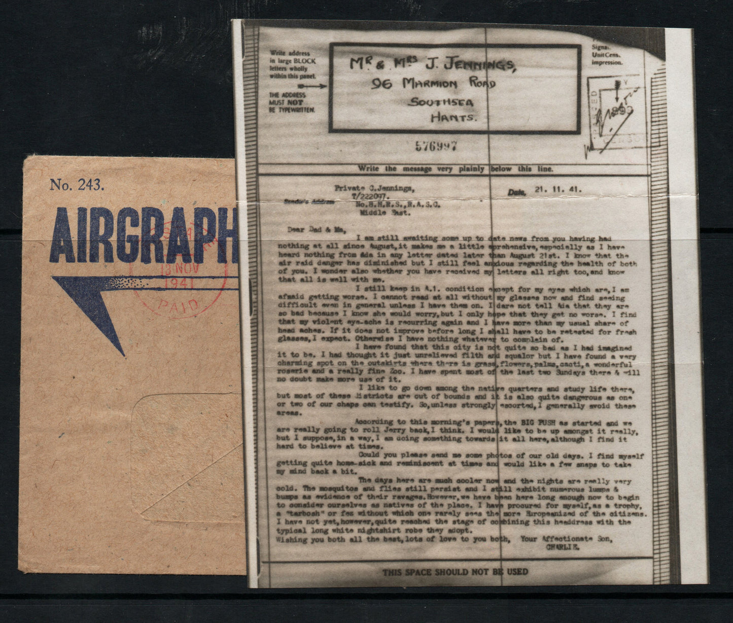 1941 Middle East Plain Airgraph written 2/11/41 2 days after Auchinlecks Offensive (Mentioned in Airgraph)