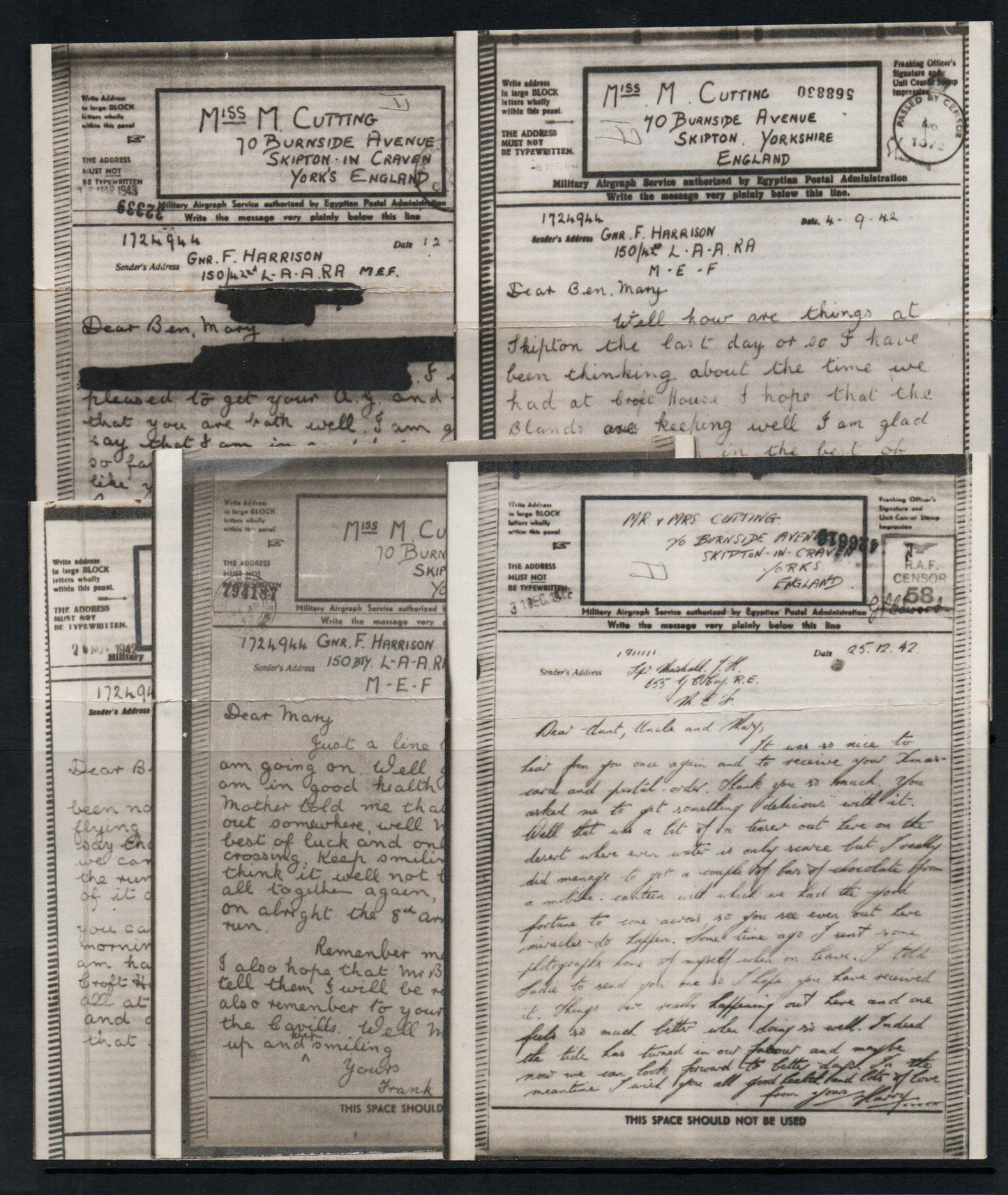 WWII Unchecked Selection of 5 RAF Airgraphs all addressed to same person