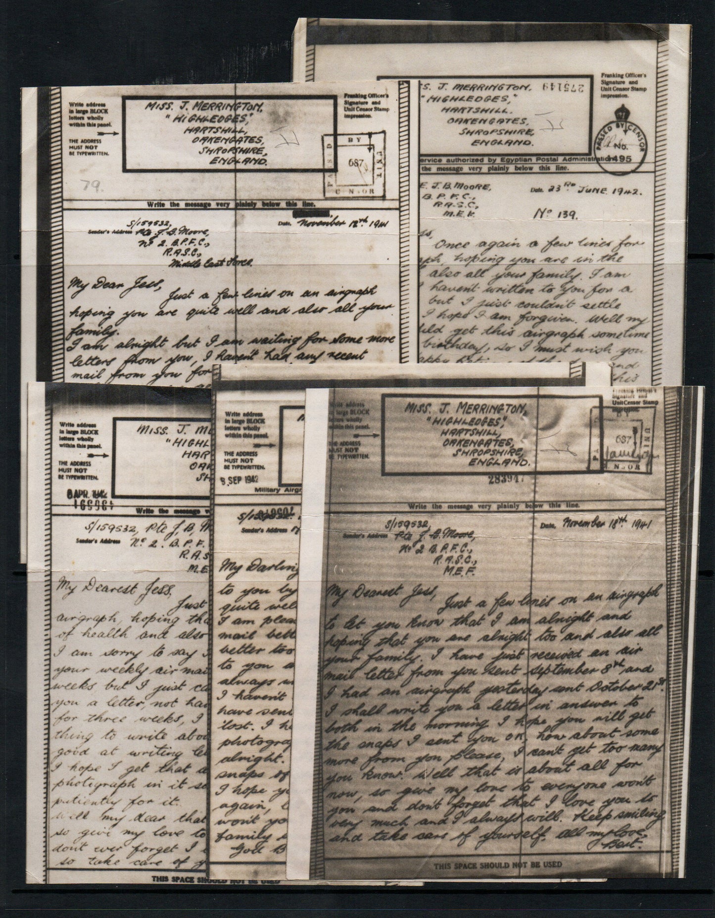 WWII Unchecked Selection of 5 RAF Airgraphs All addressed to same person
