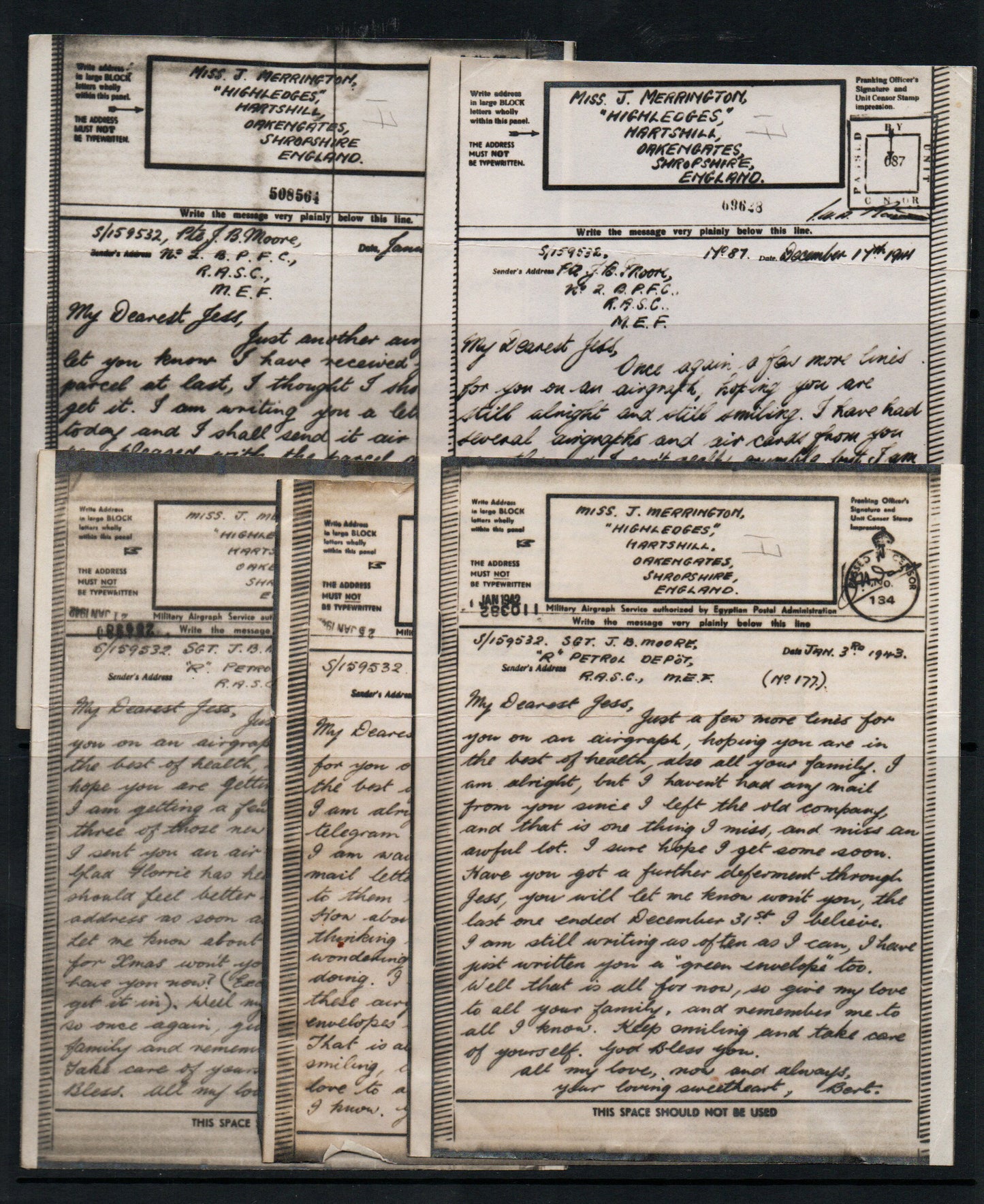 WWII Unchecked Selection of 5 RAF Airgraphs all addressed to same person