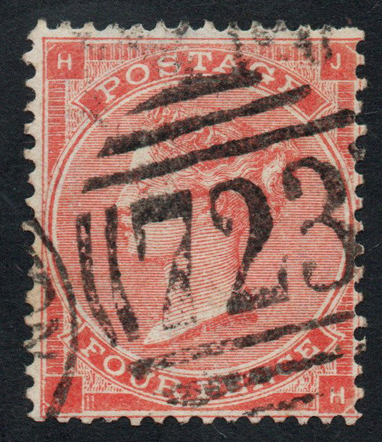 1863 QV SG82 4d Pale Red Plate 4 with Hairlines Very Good Used