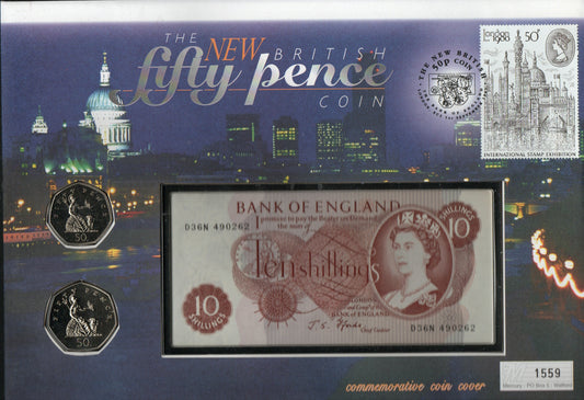 GB 1977 Oversize Celebration Cover of release of new 50p Coin with both 50p's & 10/- Shilling Note (DA11)