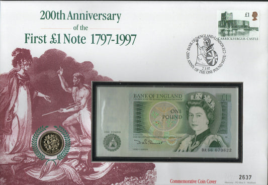 GB 1997 Oversize Celebration Cover 200th Anniversary £1 Note containing encapsulated £1 Coin, £1 Note and bearing £1 Castles (DA12)