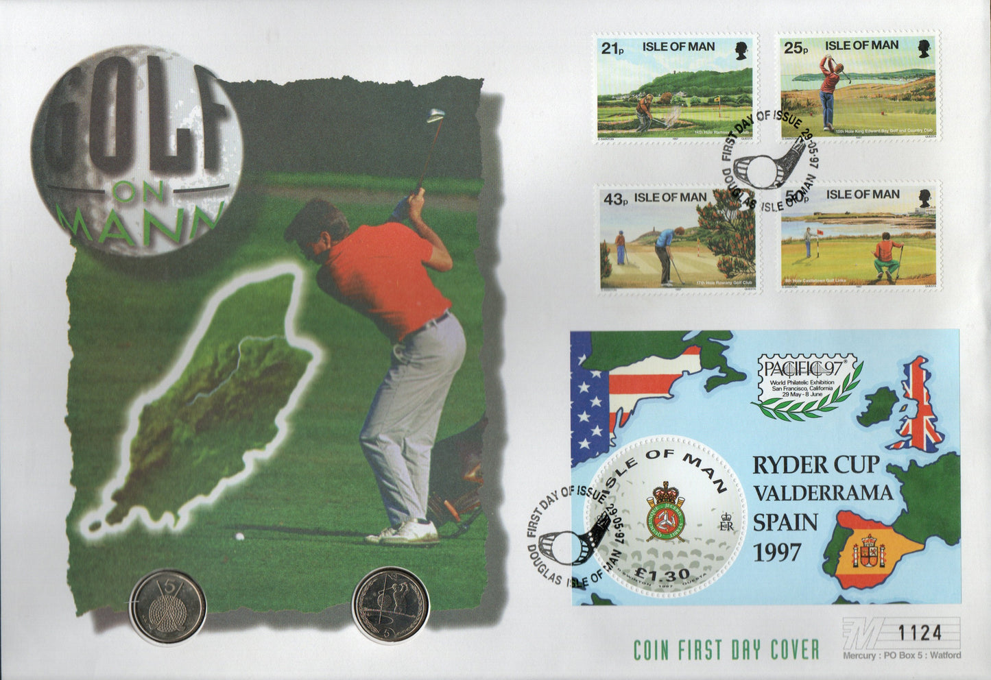 GB 1997 Oversize Celebration Cover celebrating Isle of Man Golf with 2 x encapsulated 5p Coins & IOM Stamp Set