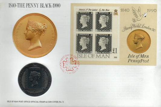 GB 1990 Oversize Celebration Cover celebrating 150 years of the Penny Black with IOM M/S & Encapsulated "Black Pearl" Coin (DA14)