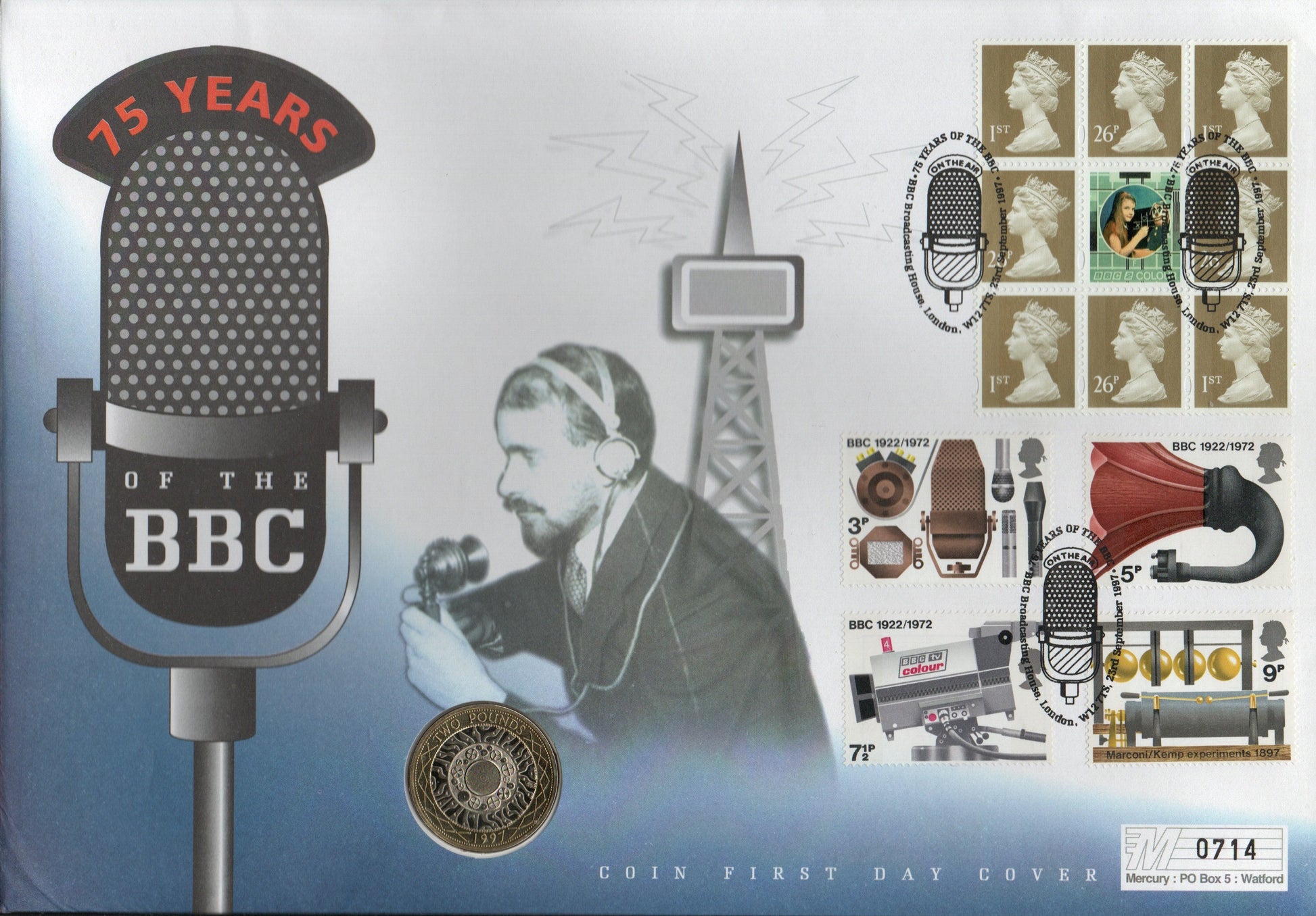 GB 1972 Oversize Celebration Cover celebrating 75 years of the BBC with Prestige Pane, BBC Set & Encapsulated £2 Coin