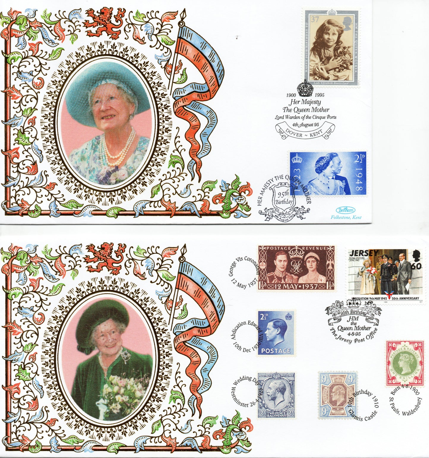 Benham 2 x Queen Mother FDC's Limited Editions (Jersey & UK) Mint Cond. (DA7)