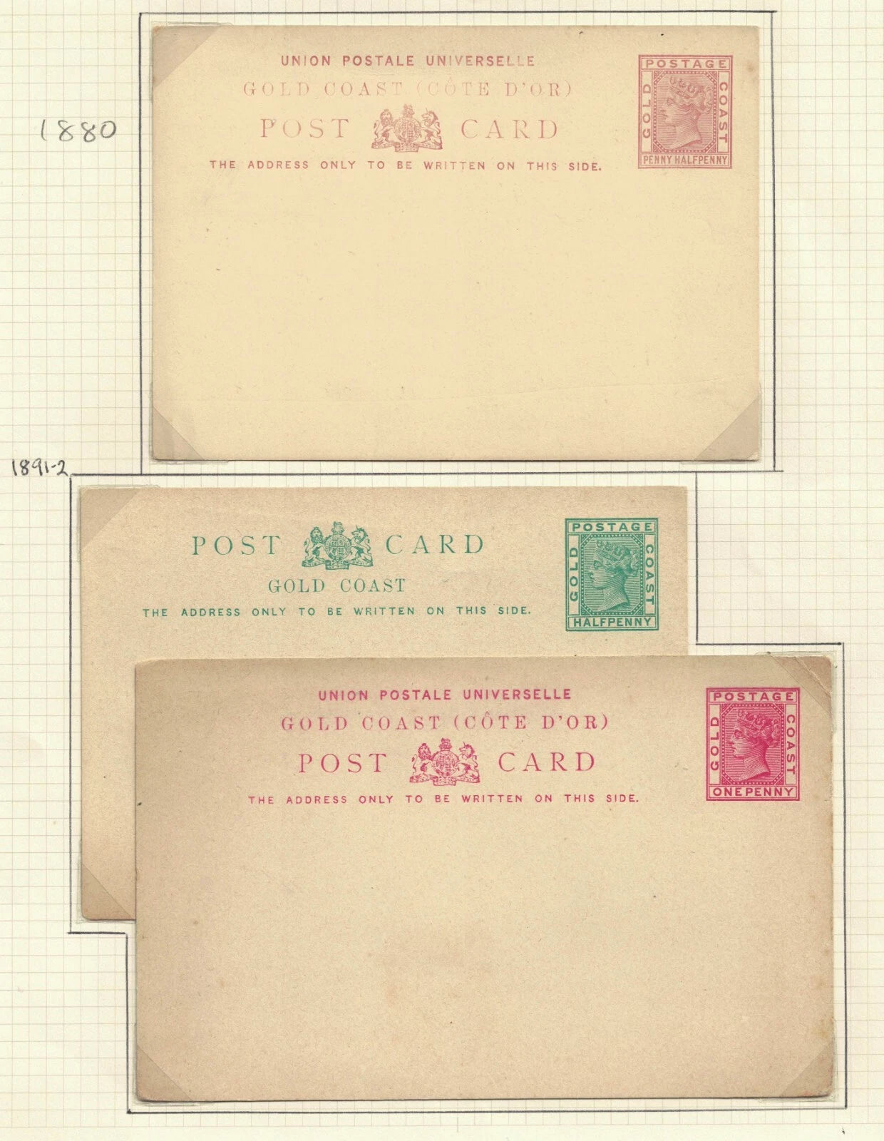 1880/91/92 QV Gold Coast Postcards (3) Almost Mint Condition