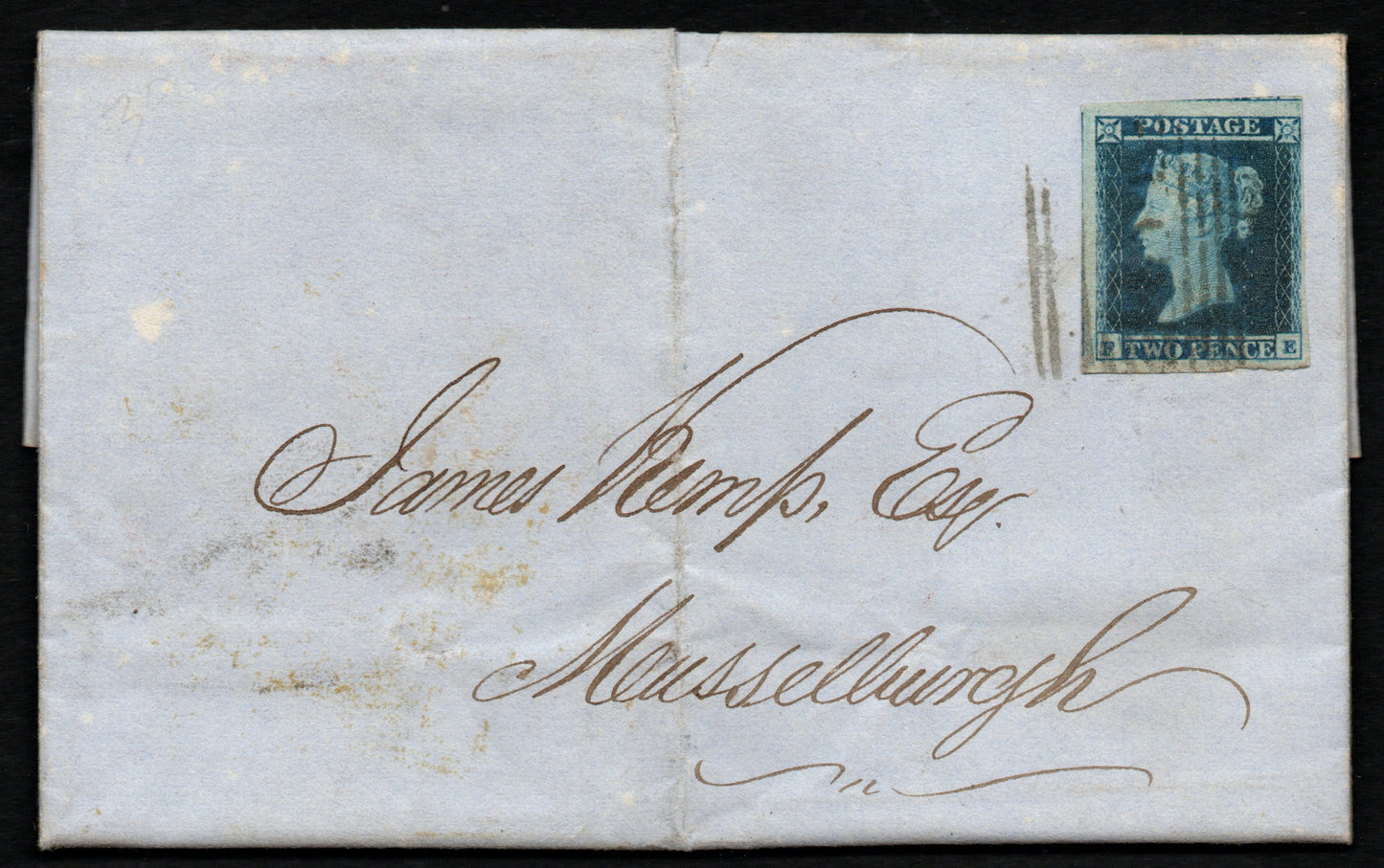 GB Line Engraved 2nd June 1853 Entire Addressed to Musselburgh bearing 2d Blue SG15 Plate 4 ES15 (F-E) (LPS54)