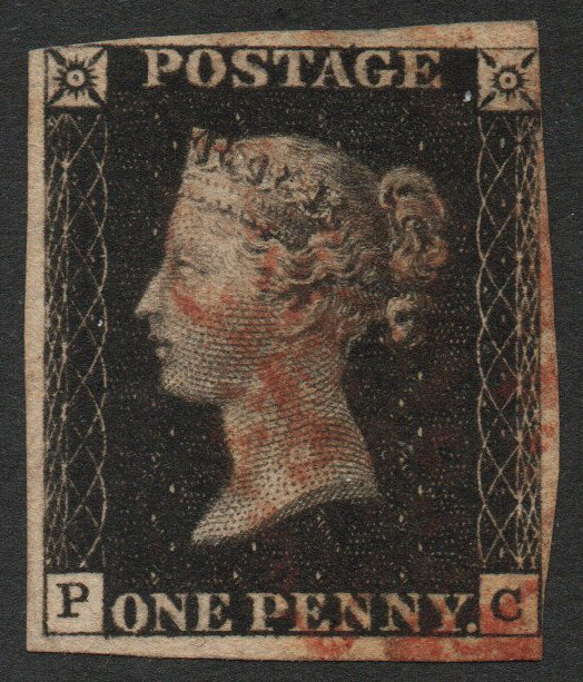 1840 1d Black SG2 Plate 8 P-C, Red Cancellation