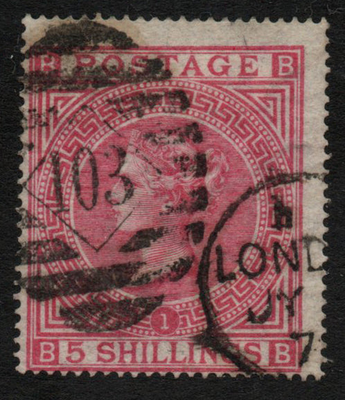 GB QV 1867 SG126 5/- Rose Plate 1 VFU Good Colours for this stamp, often faded