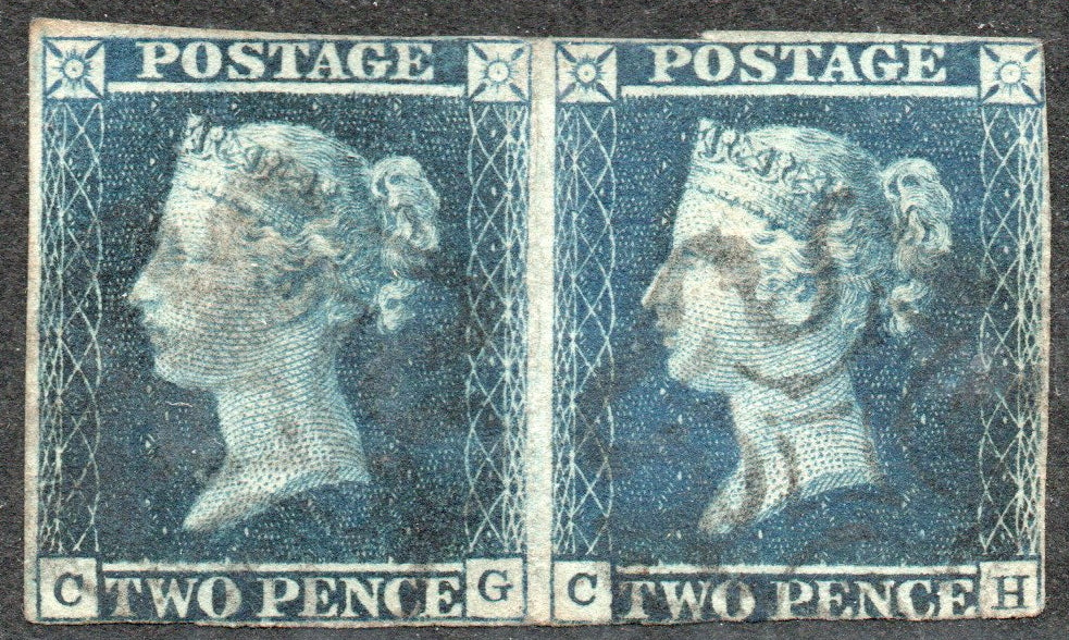 GB QV 1841 SG13 2d Blue Plate 3 ES10 Pair (CG-CH) See image for margins