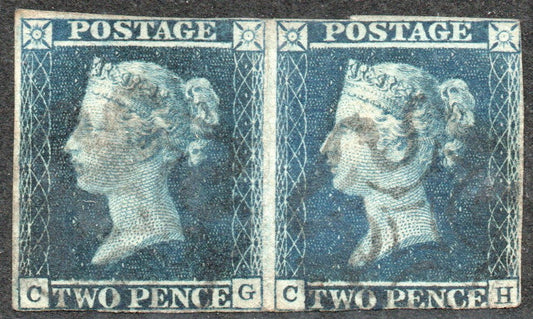 GB QV 1841 SG13 2d Blue Plate 3 ES10 Pair (CG-CH) See image for margins
