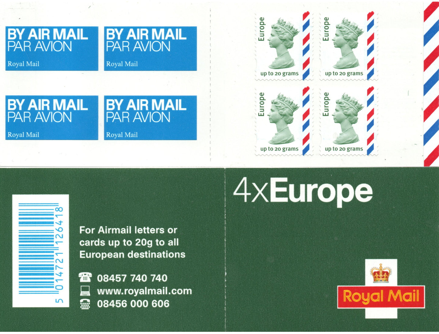 GB 2010 Booklet 4 x Europe Up to 20g MI3 S/A No Tab No Code Mint Condition