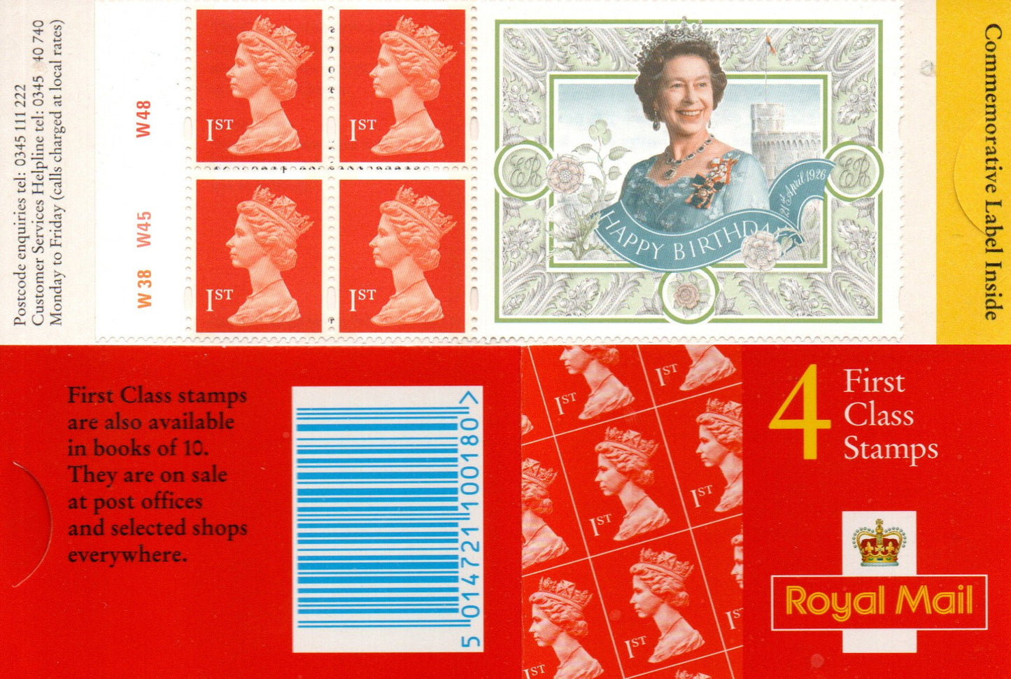 GB 4 x 1st CLASS Queens Birthday Booklet HB11 CYLINDER W38 W45 W48 Unmounted Mint