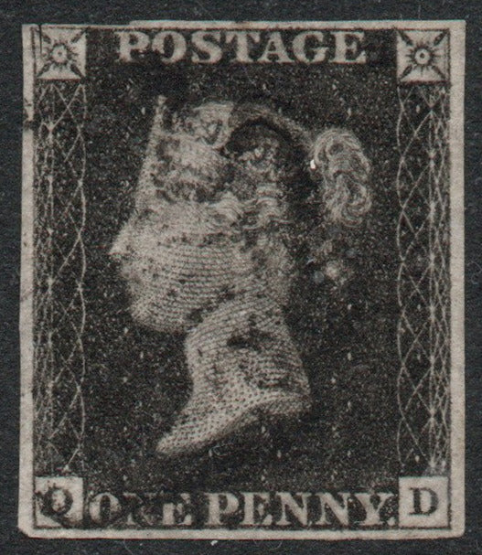 GB QV 1840 1d Black SG2 Plate 8 AS49 State 1 Light Black Maltese Cross (O - D)