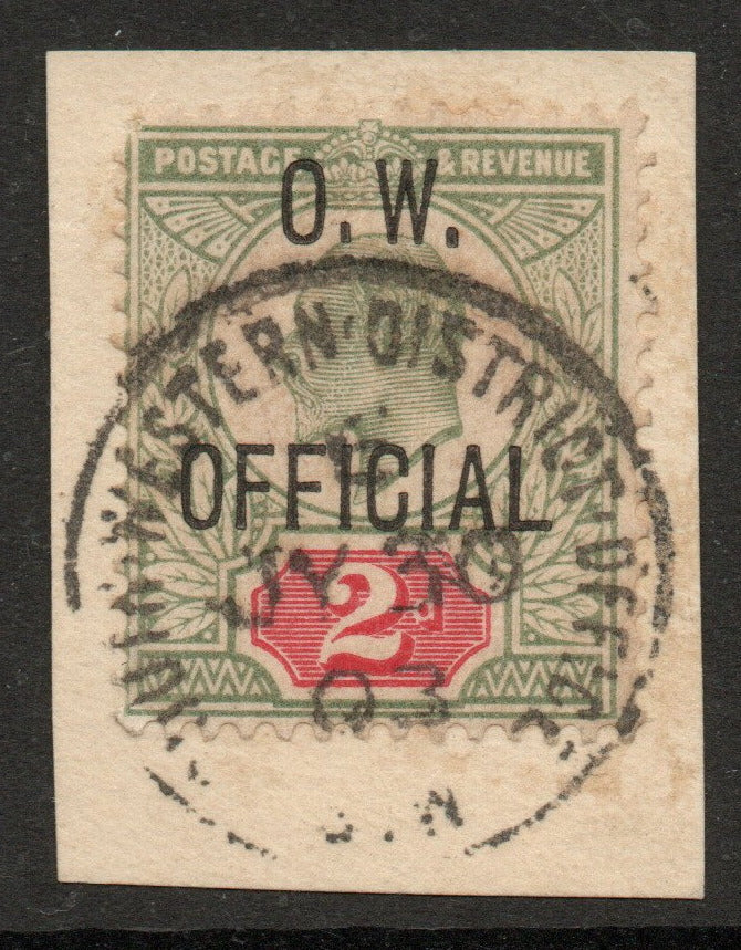 GB KEVII 1902 SGO38 Office of Works 2d Green & Scarlet on piece with Central "South Western District Office" CDS