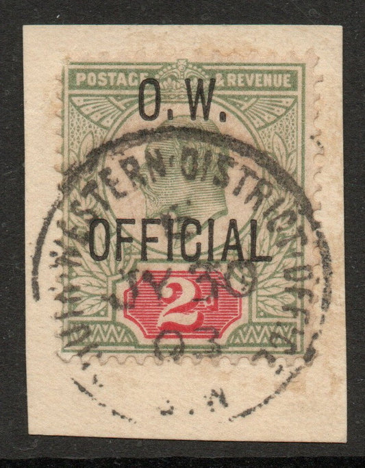 GB KEVII 1902 SGO38 Office of Works 2d Green & Scarlet on piece with Central "South Western District Office" CDS