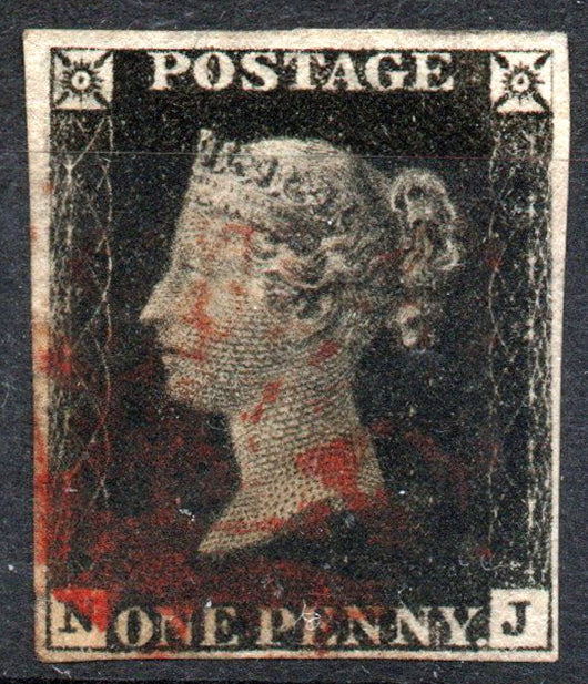 GB 1840 QV 1d Black Penny Black SG1 Plate 5 4 Margins State 1 AS24 Red M/C (N - J)