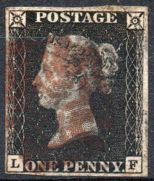 GB 1840 QV 1d Black Penny Black SG2 Plate 7 4 Margins AS46 Red M/C (L - F)