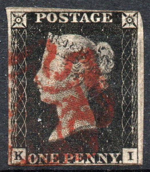 GB 1840 QV 1d Black Penny Black SG2 Plate 2 4 Margins Red M/C (K - I)