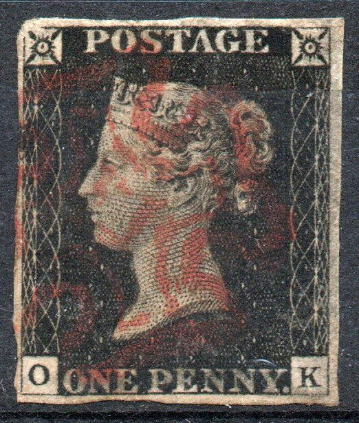 GB 1840 QV 1d Black Penny Black SG2 Plate 2 AS14 4 Close Margins Red M/C (O - K)