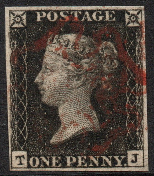 GB QV 1840 SG2 1d Penny Black Plate 6 AS41 (T - J) Red M/C 4 margins (LPS154)