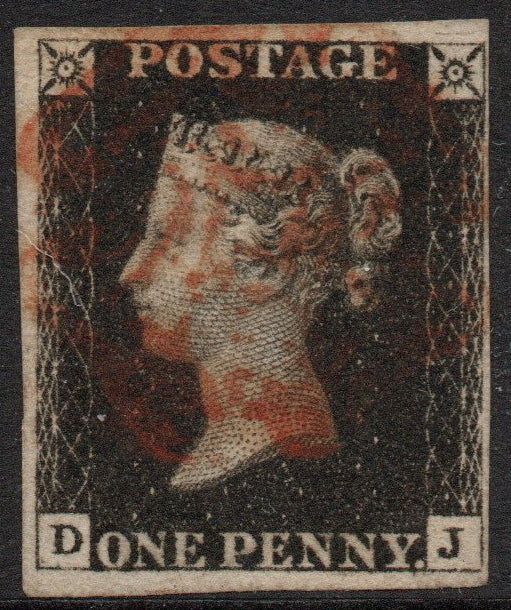GB QV 1840 SG2 1d Penny Black Plate 6 AS41 (D - J) Red M/C 4 margins, 3 Huge, 1 close