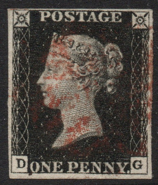 GB QV 1840 SG2 1d Penny Black Plate 6 AS41 (D - J) Red M/C 4 margins