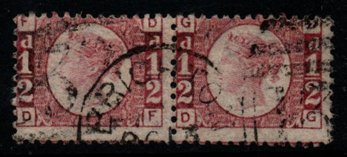 GB QV 1870 SG48/49 ½d Rose (Bantam) Horiz Pair, Plate 1 (DF - DG) Good Used (LPS173)