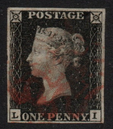 1840 GB QV SG1 Penny Black Plate 6 (L-I) 4 Nice margins Red Maltese Cross (LPS21)