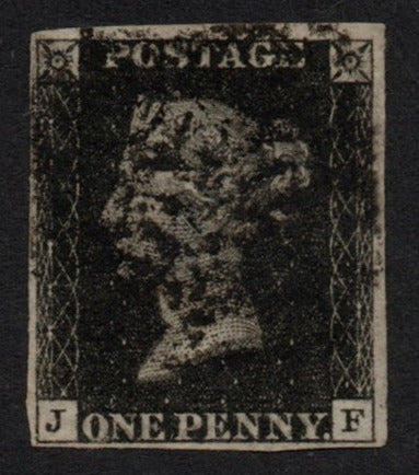 1840 GB QV SG2 Penny Black Plate 8 State 1 AS49 (J-F) 4 margins, 1 tight. Black Cancellation (M/C?)