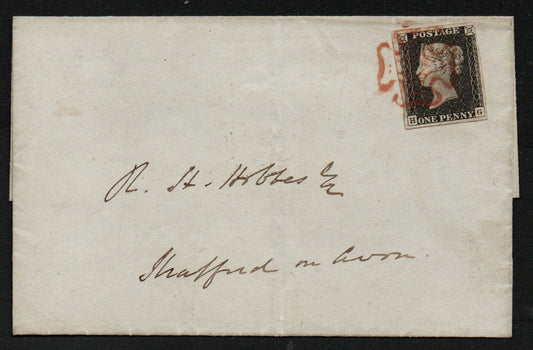 GB Line Engraved 25th May 1841 Wrapper (Empty) Addressed to Stratford on Avon bearing Penny Black SG3 Plate 2 AS15 H - G tied with Red M/C (LPS26)