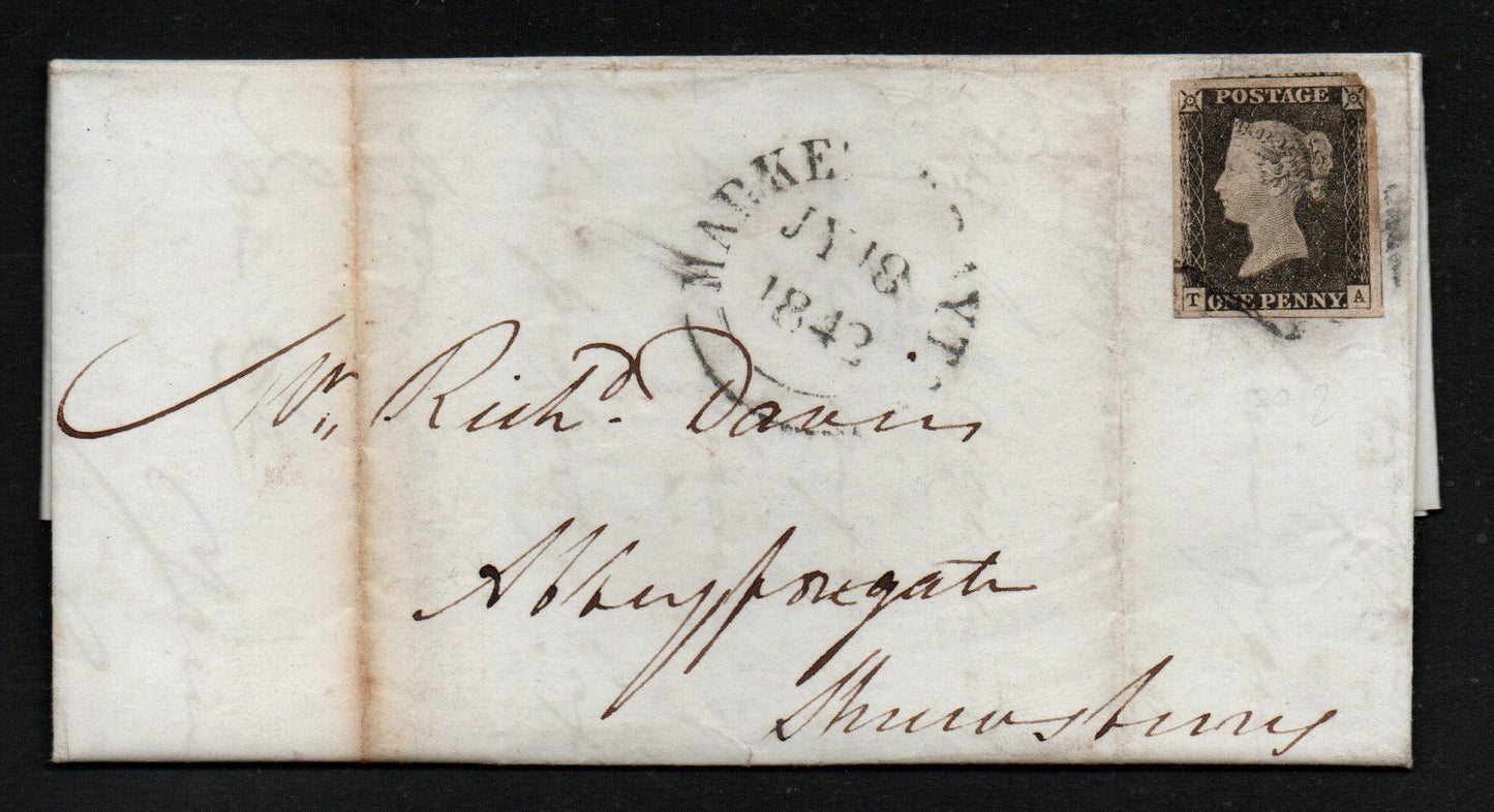GB Line Engraved 20th July 1842 Entire Addressed to Shrewsbury bearing Penny Black SG3 Plate 2 AS15 T - A tied with Light Black M/C