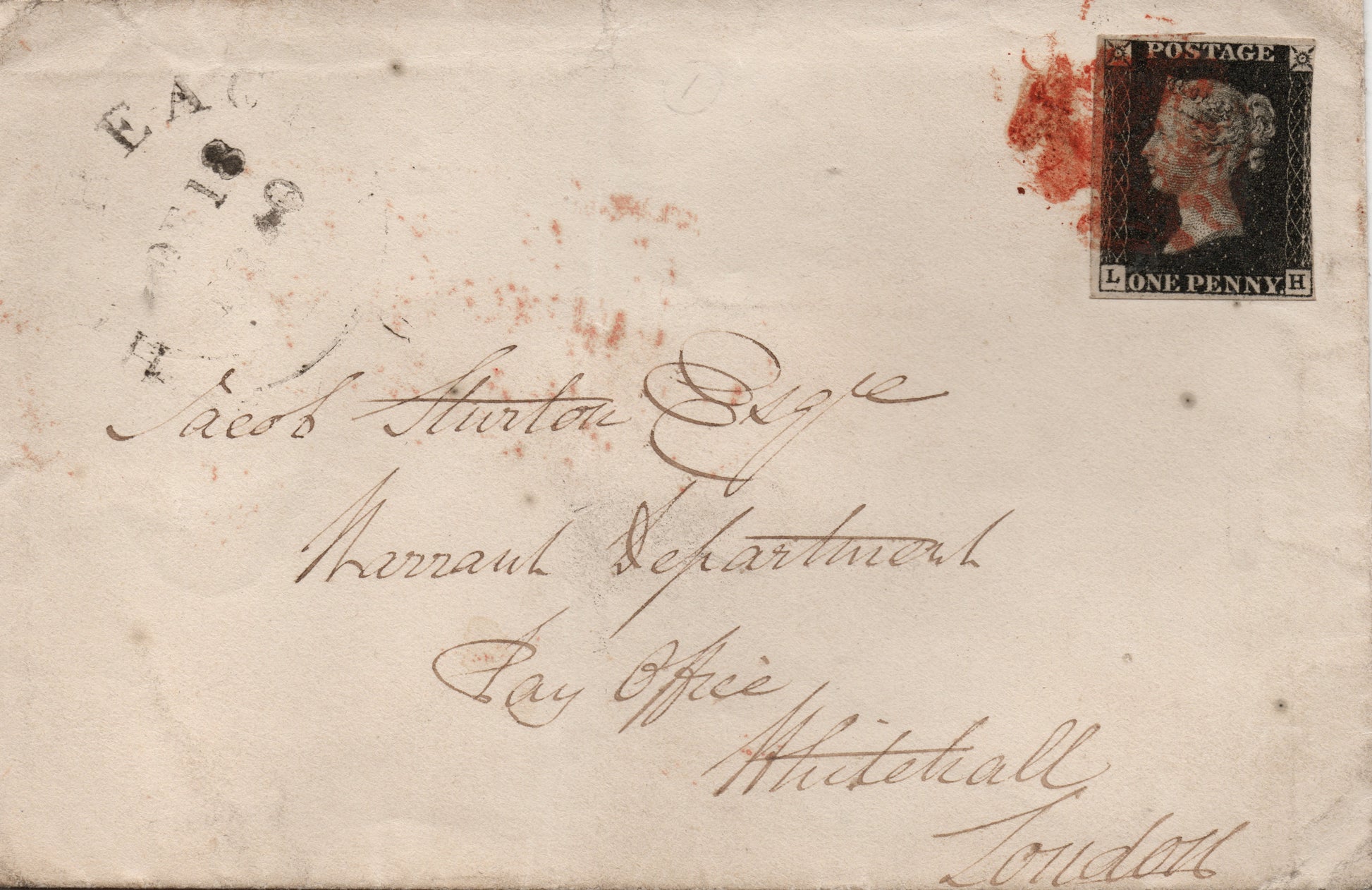 GB Line Engraved Penny Black SG1 Plate 5 on envelope addressed to The Pay Office, Whitehall. GB Line Engraved Penny Black SG1 Plate 5 on envelope addressed to The Pay Office, Whitehall.