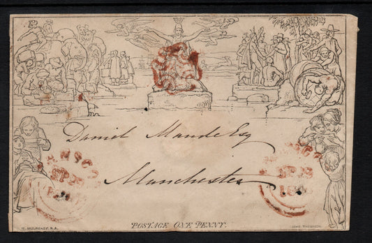 1840 GB QV 1d Mulready Envelope to Manchester. Believed to be dated 29th Sept 1840