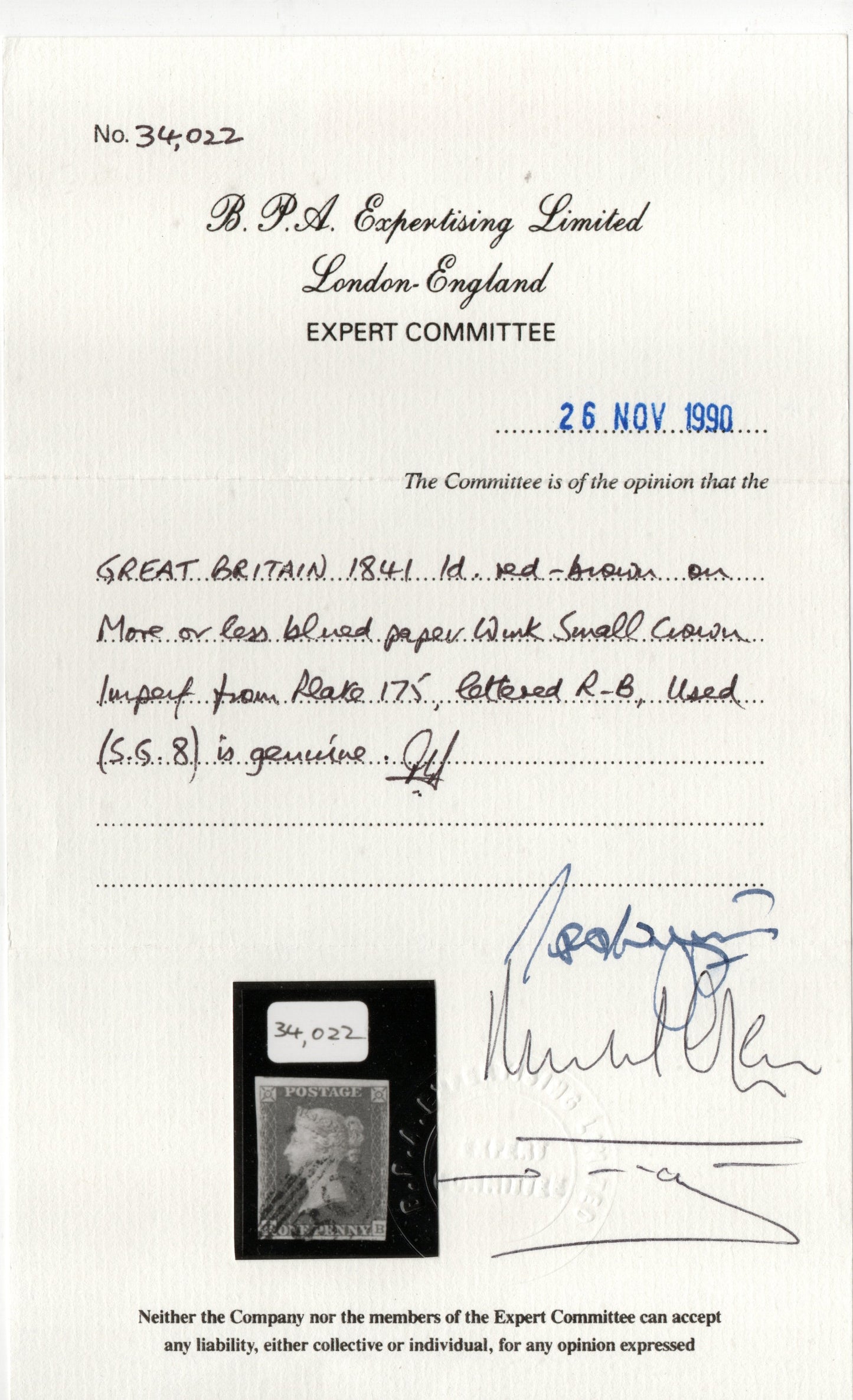 GB 1841 Line Engraved SG8 The Rare Plate 175 3 Margins Clear Profile with BPA Certificate (LPS53)