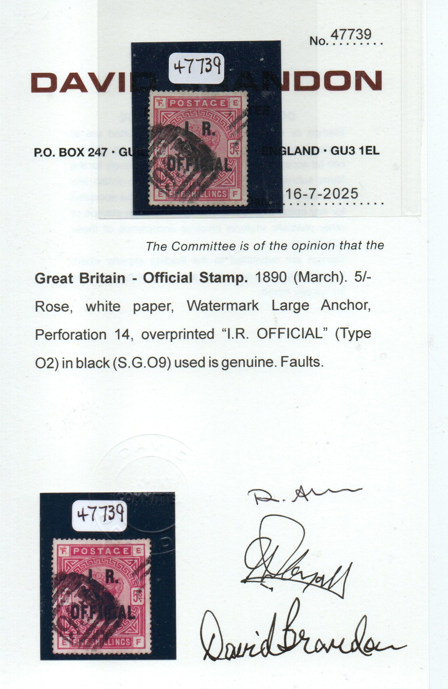 1890 GB QV SGO9 Type 2 Inland Revenue Overprint with Certificate. Minor Faults (LPS81)