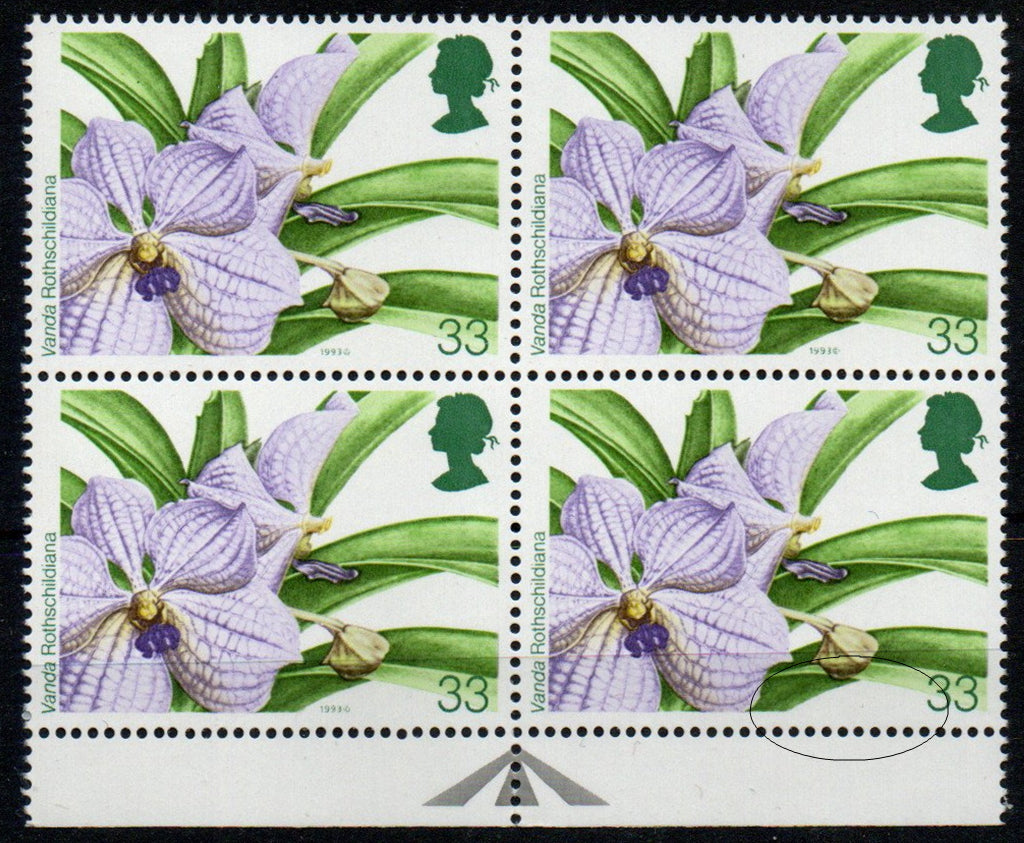 GB QEII 1993 SG1662 World Orchid Conference Missing Logo Error in U/M Block of 4 (TT322)