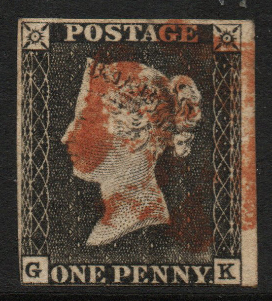 GB QV 1840 SG3 Penny Black Plate 1a G-K 3 Margins, close at SW corner. Red Cancellation