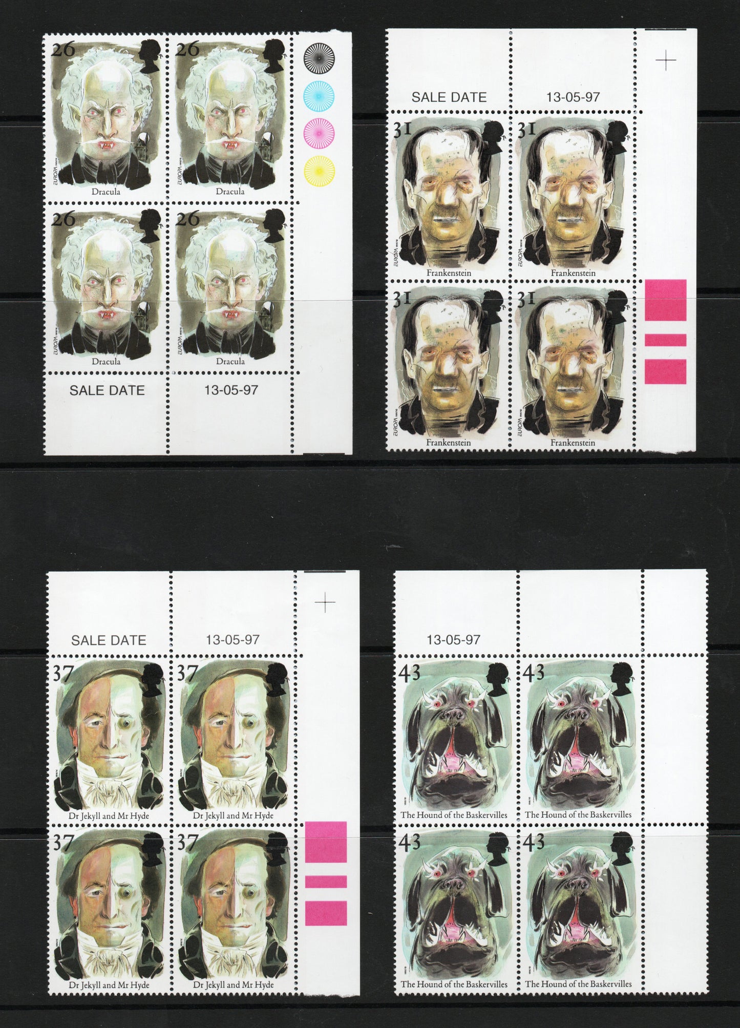 1997 GB QEII SG 1980-83 Europa Tales Legends Dracula, Frankenstein, Dr Jekyll and Hound Blks of 4 all U/M (PM023)