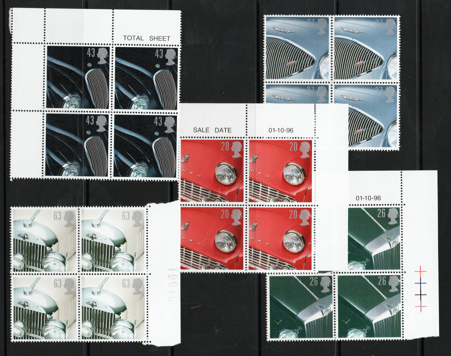 1996 GB QEII SG1945-1949 Classic Sports Cars in Blocks of 4 All U/M Less Than Face Value