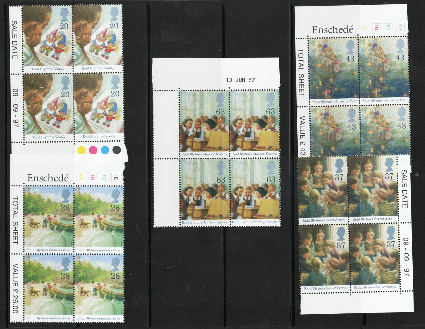 1997 GB QEII SG2001-2005 Enid Blyton in Blocks of 4 All U/M Less than Face Value