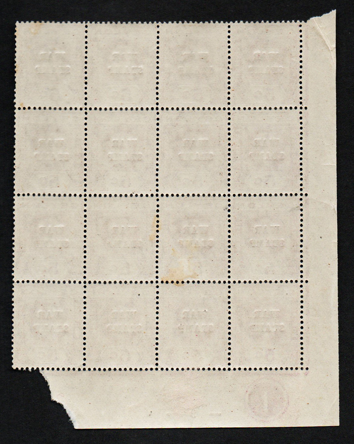 1918 Ceylon SG333 War Stamp 5c Purp SW Corner Block of 16 with PLATE 1