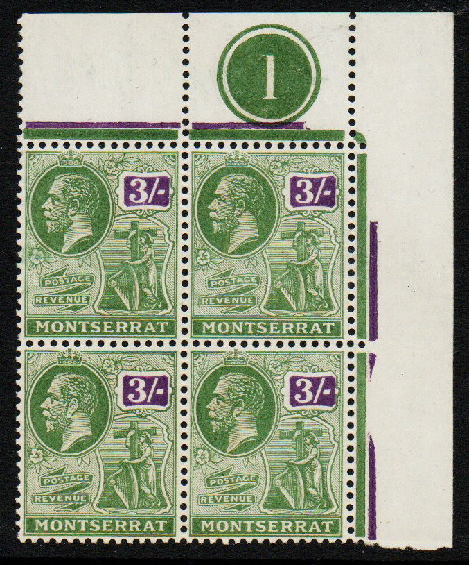 1923 Montserrat SG81 3/- Green & Violet U/M Block of 4 Plate 1