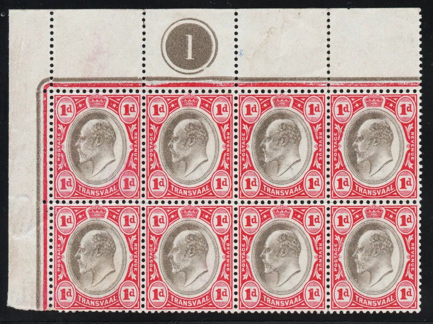 1902 Transvaal SG245 1d Blk of 8 Plate 1 Stamps U/M hinge in margin