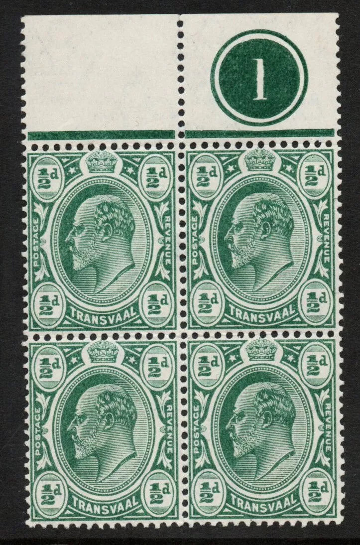 1905-09 Transvaal SG273 MCA ½d Block of 4 showing Plate 1. Totally U/M
