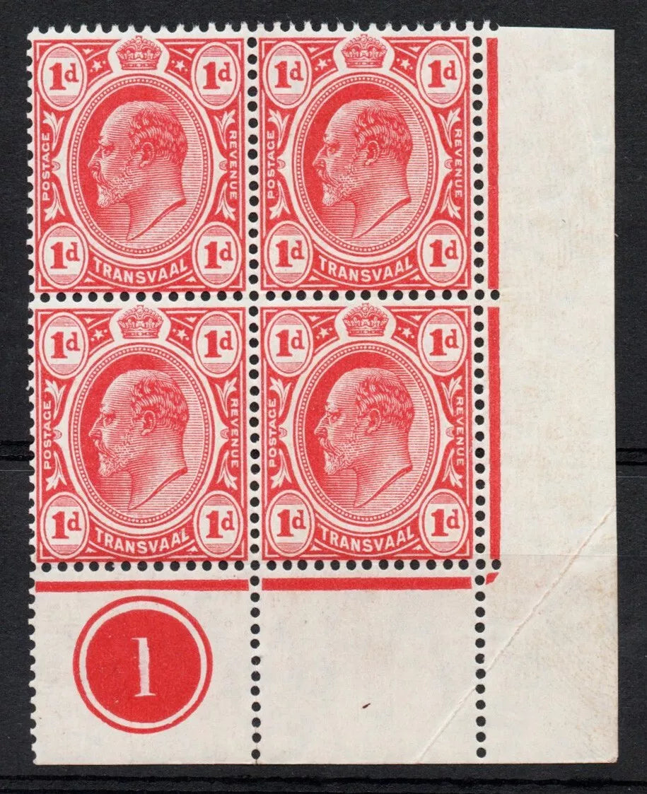 1905-09 Transvaal SG274 MCA 1d Block of 4 showing Plate 1. Totally U/M (RW1351)