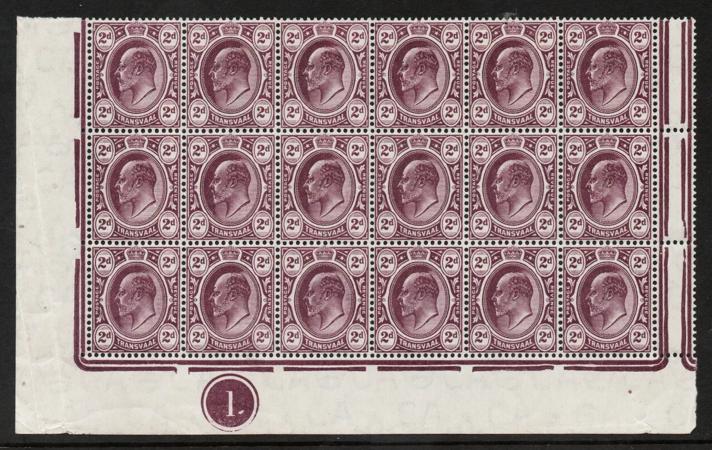 1905-09 KEVII MCA Transvaal SG275 2d Blk of 18 Plate 1 Stamps U/M
