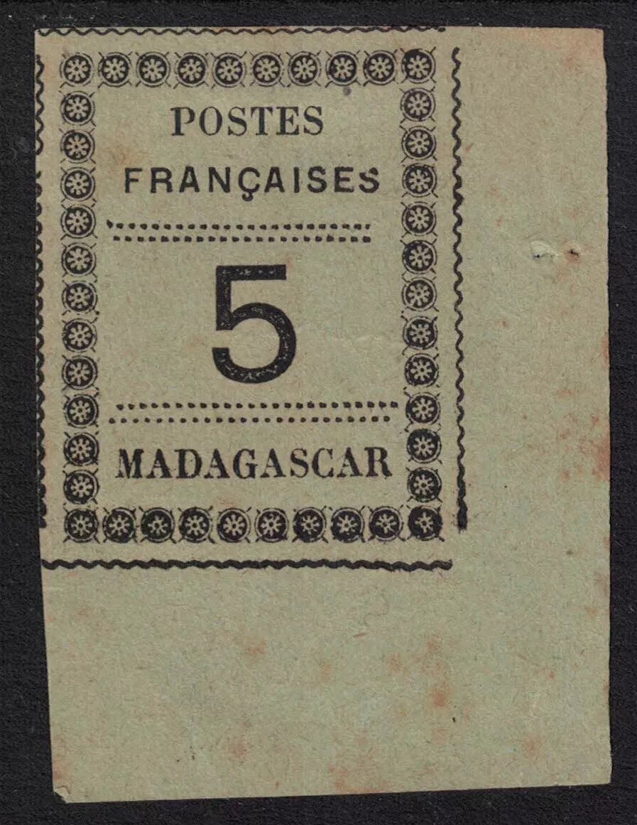 1891 Madagascar SG9 5c Imperf 4 good to huge margins. Black on Green VLMM